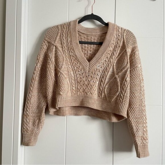 V neck Cable Knit Cropped Boxy Sweater - Picture 1 of 3